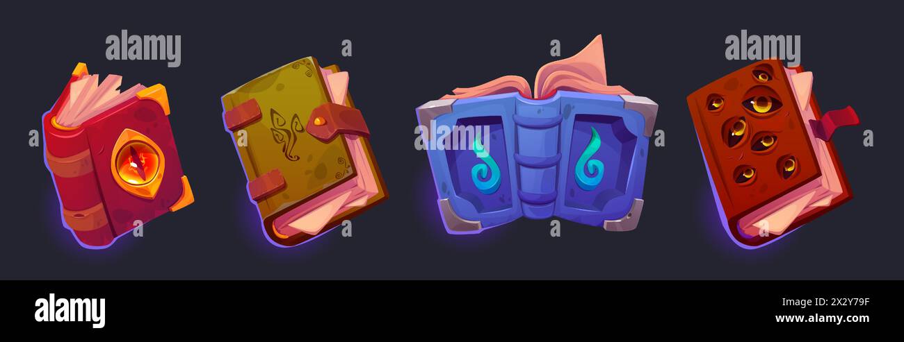 Vieux livre magique ouvert pour le dessin animé de l'icône de l'interface utilisateur de jeu fantastique. Bibliothèque d'assistant d'Halloween avec dessin d'actifs de conte de fées ou de grimoire antique. Dictionnaire scolaire médiéval ou littérature mythique pour l'éducation Illustration de Vecteur