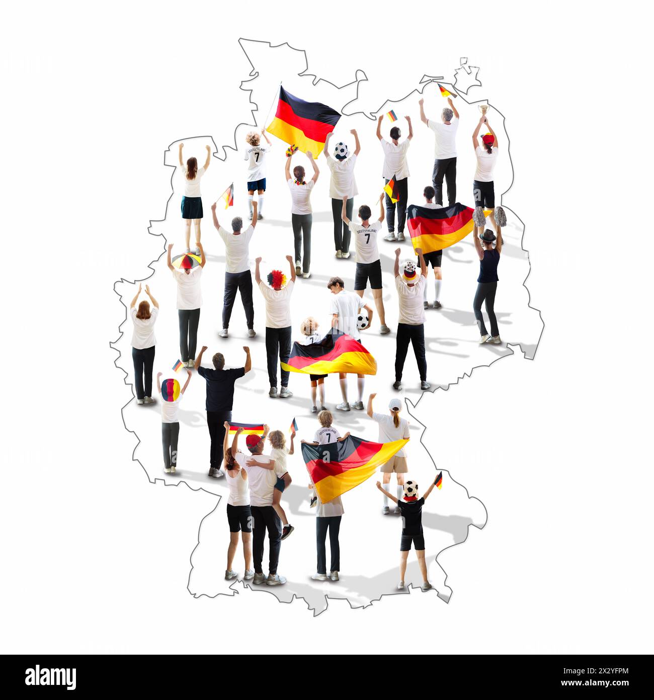 Supporter patriotique allemand et drapeau sur la carte de l'Allemagne. Groupe de supporters en maillot national acclamant l'Allemagne. Match de championnat. Banque D'Images