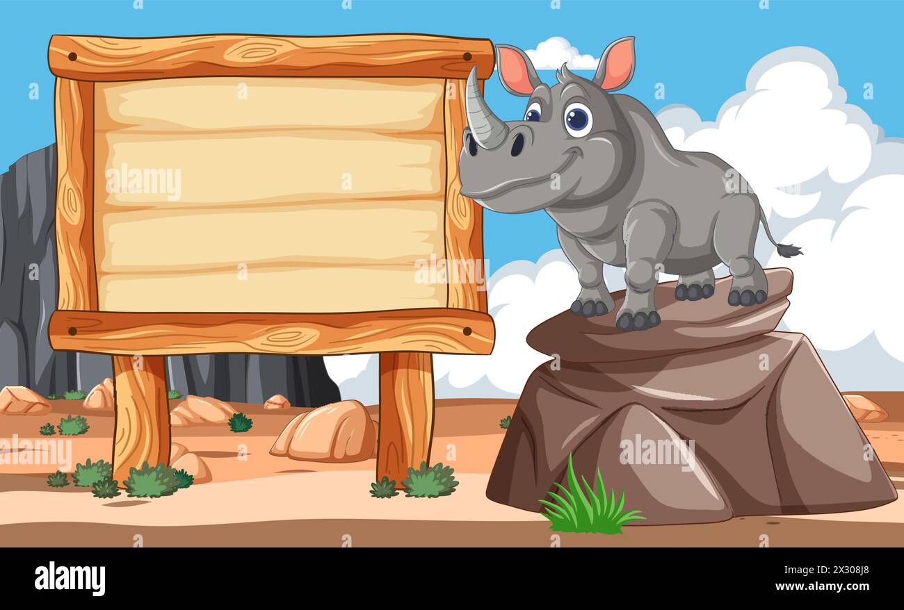Rhinocéros de dessin animé debout à côté d'une enseigne Illustration de Vecteur