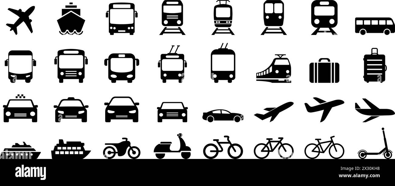 Bus, tram, trolleybus, métro, train, icônes de bateau, de vélo et de voiture plate comme symboles de transport Illustration de Vecteur