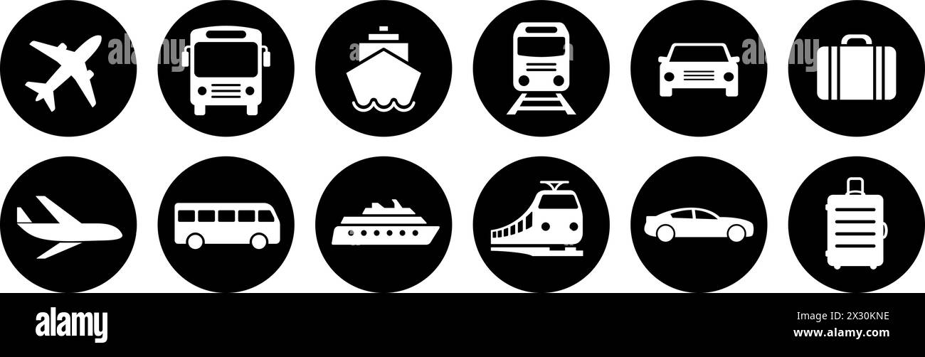 Icônes d'avion, d'avion, de bus, de bateau, de train et de voiture comme symboles du transport de voyage Illustration de Vecteur