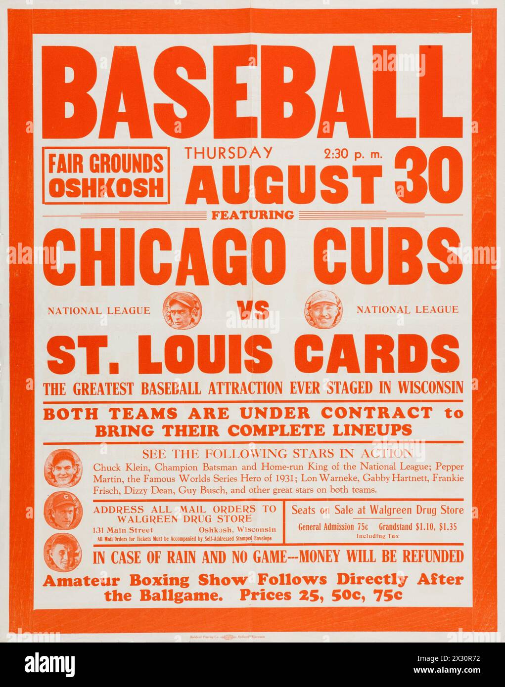 Affiche de baseball vintage - 1934 Chicago Cubs vs. Louis Cardinals - Oshkosh Fairgrounds, Wisconsin - Feat Chuck Klein, Pepper Martin et Lon Warneke etc Banque D'Images