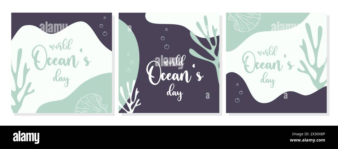 Affiches de la Journée mondiale des océans avec algues, corail coquillage et bulles d'air. Formes fluides harmonieuses dans un style boho. Illustration vectorielle Illustration de Vecteur