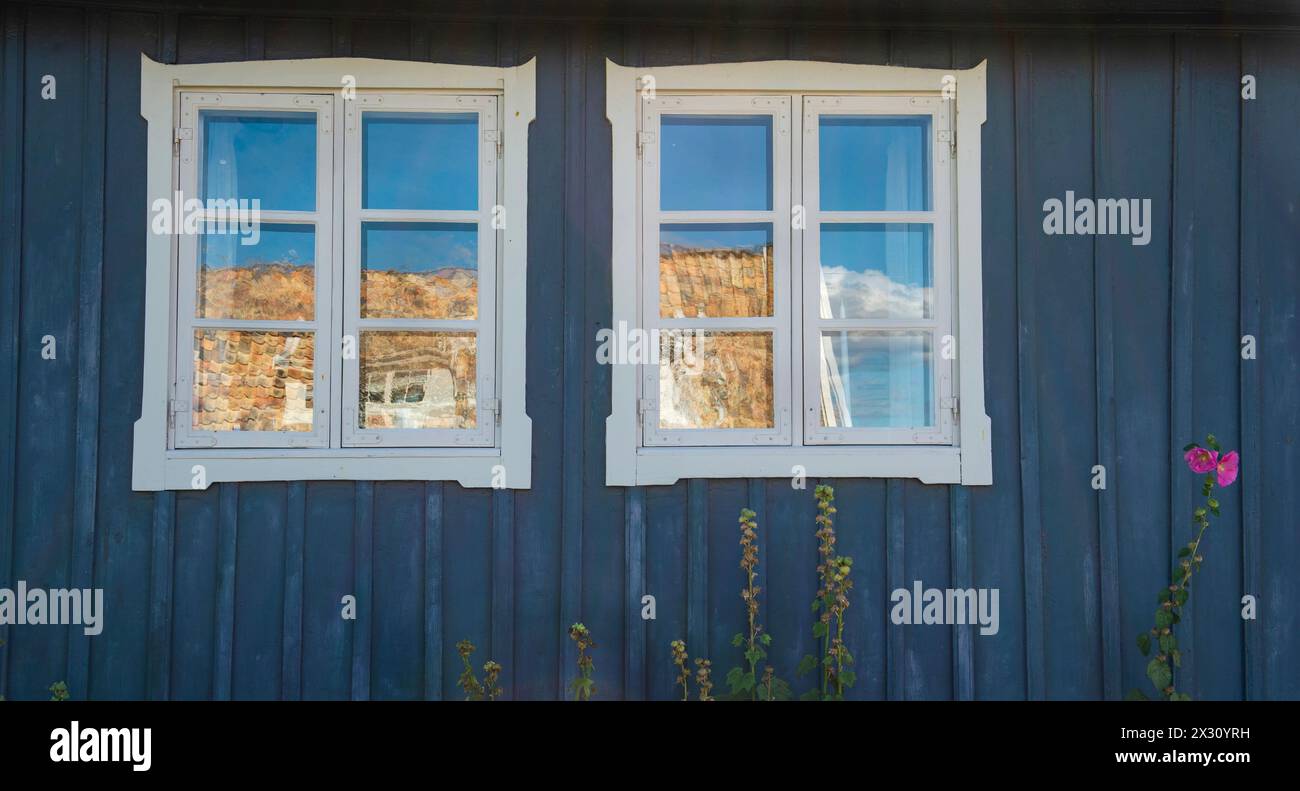 fenêtres avec cadre blanc sur façade bleue et fleurs d'une maison scandinave typique Banque D'Images