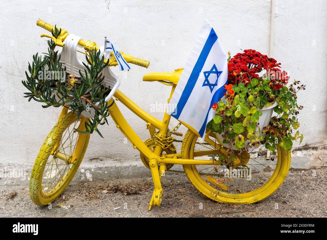 Deux petits drapeaux israéliens montés sur un vélo jaune désarmé décoré de glace et de géraniums. Banque D'Images