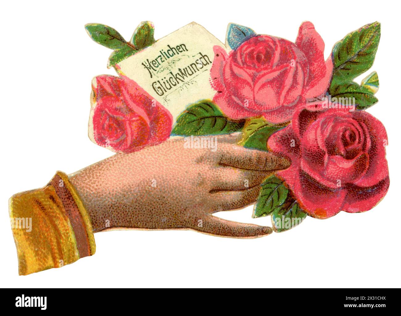 Kitsch, main avec des roses et petite carte 'Herzlichen Glueckwunsch', scrap-image, lithographie, Allemagne, SUPPLÉMENT-DROITS-AUTORISATION-INFO-NON-DISPONIBLE Banque D'Images