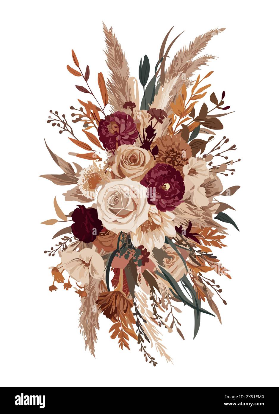 Bouquet boho chic avec une palette de couleurs d'automne. Illustration de Vecteur