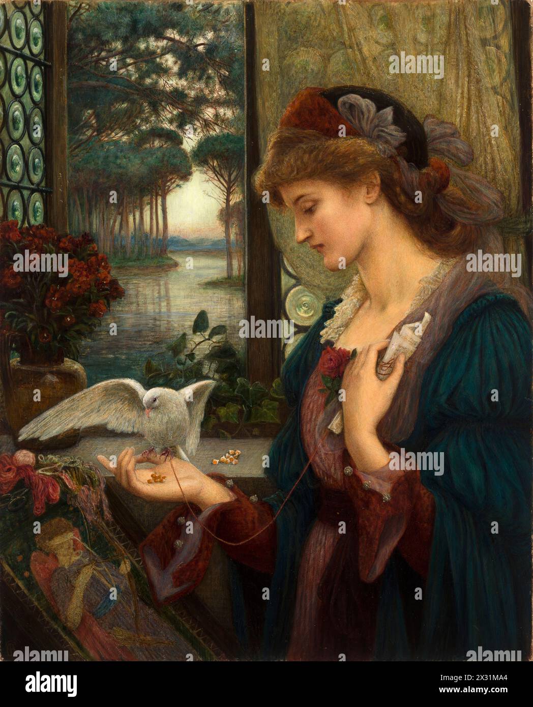 Love's Messenger est une aquarelle de 1885 de Marie Spartali Stillman dans laquelle une colombe vient de porter une lettre d'amour à une femme debout devant une fenêtre ouverte. Banque D'Images