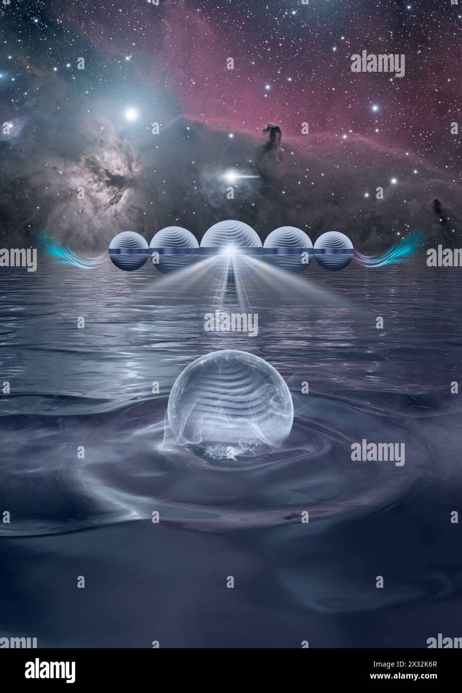 Image fantastique SCI-fi d'un vaisseau spatial OVNI au-dessus de l'eau dans l'espace Banque D'Images