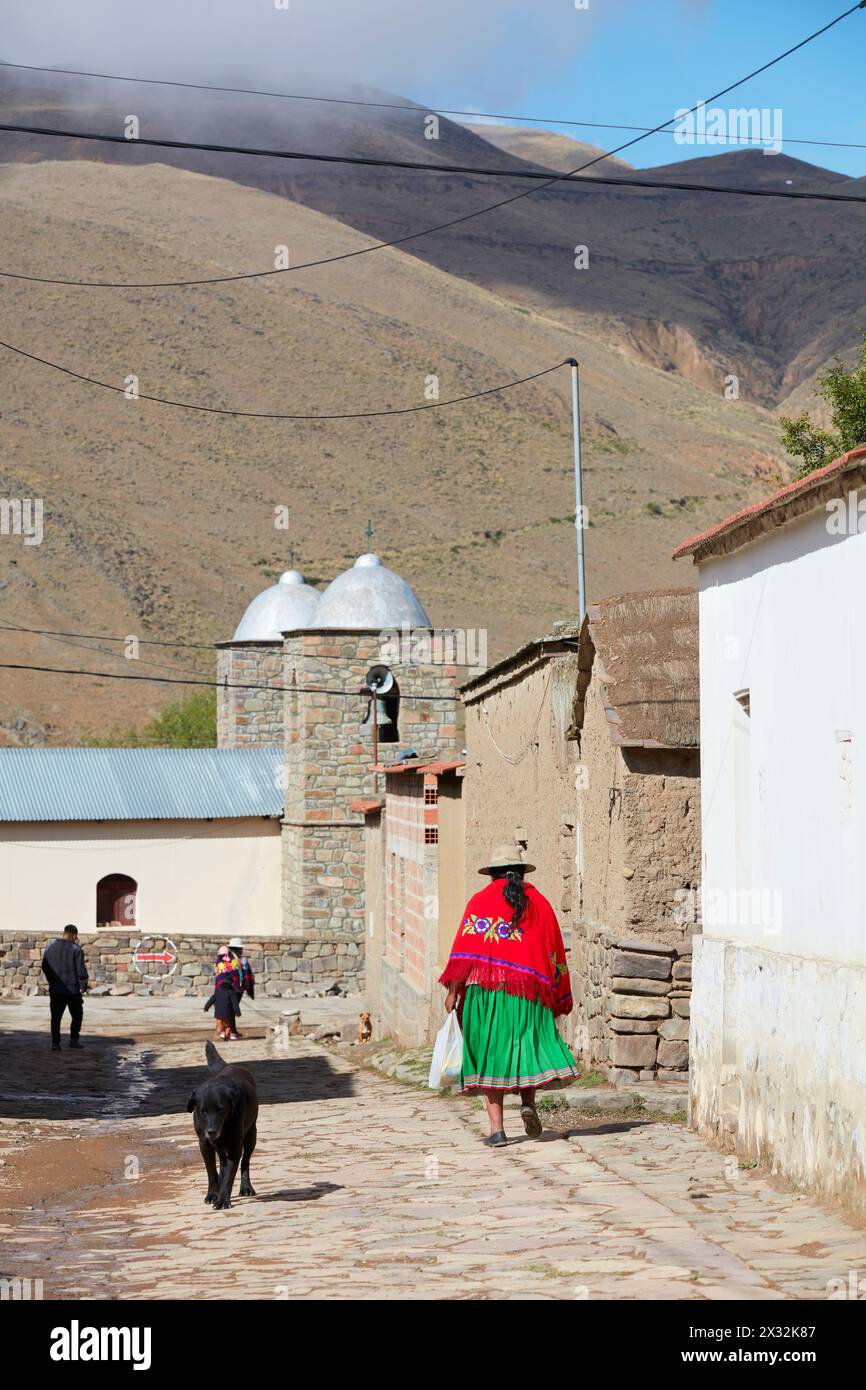 Une femme en vêtements traditionnels dans une rue de la ville de Santa Ana, Jujuy, Nord-Ouest argentin. Banque D'Images