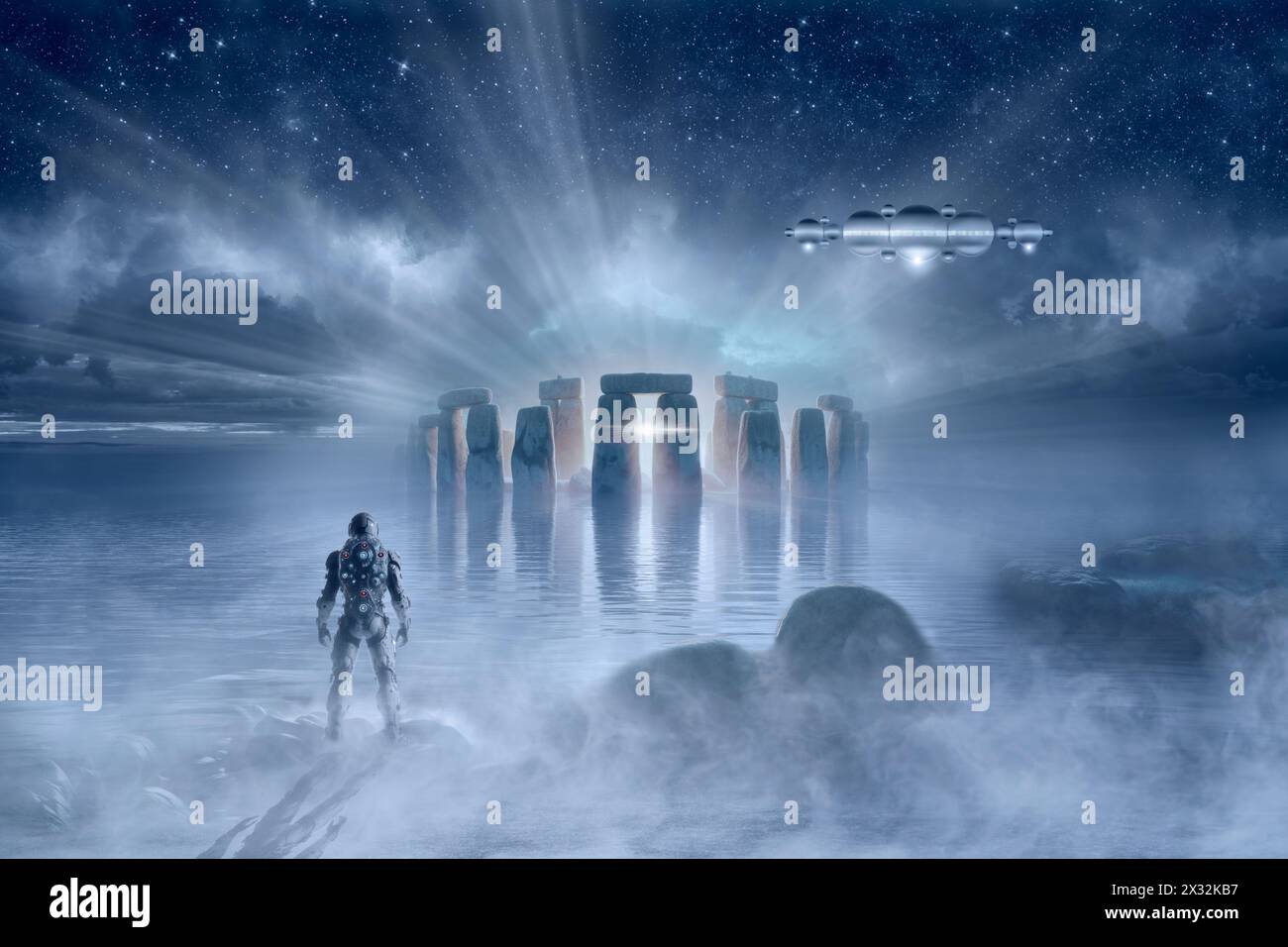 Vaisseau spatial OVNI au-dessus de Stonehenge et astronaute voyage dans le temps concept d'image fantastique de science-fiction Banque D'Images