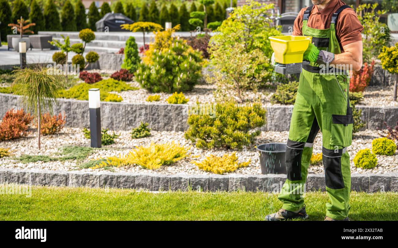 Jardinier professionnel caucasien fertilisant la pelouse à l'aide d'un distributeur manuel à commande manuelle Banque D'Images