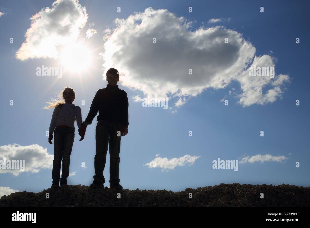 Frère et soeur se tenant la main tout en se tenant sur une colline contre le ciel Banque D'Images