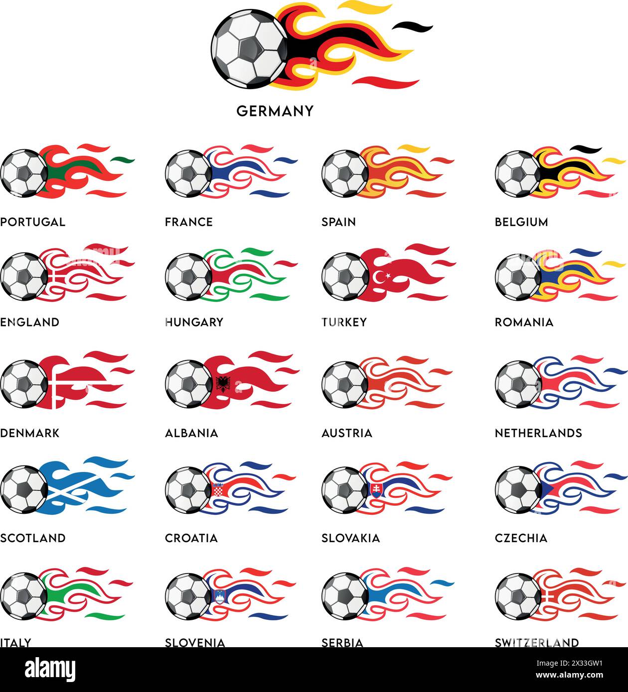 Ballon de football avec Flags Flames du tournoi européen de football 2024. illustration vectorielle sur fond blanc Illustration de Vecteur