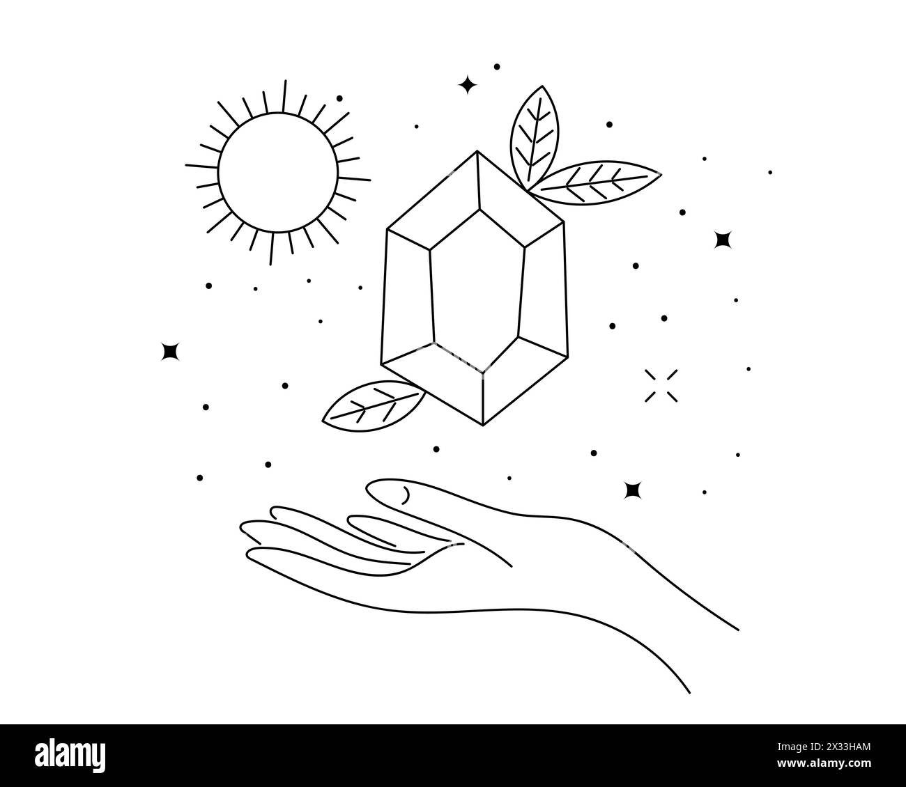 Cristal céleste mystique dans les rayons du signe du solstice d'été léviter au-dessus de la main de la femme. Symbole linéaire de vacances d'équinoxe de spiritualité. Tatouage ésotérique ou esquisse de contour de logo. Logotype Boho Summertime Illustration de Vecteur