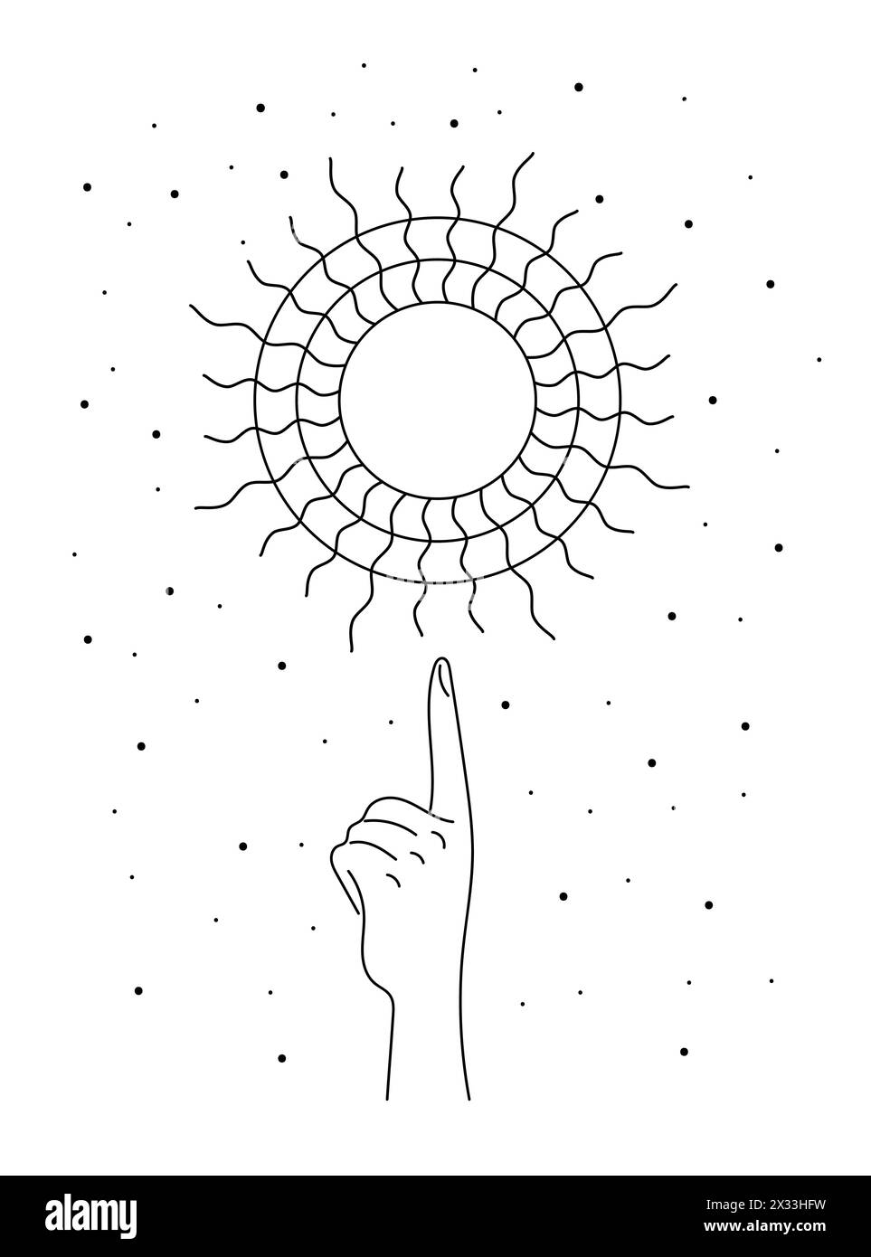 Les rayons de soleil du solstice d'été céleste mystique lévitent sur la main de la femme. Symbole linéaire de vacances d'équinoxe de spiritualité. Tatouage ésotérique ou esquisse de contour de logo. Logotype eps de vecteur d'été de style bohémien Illustration de Vecteur