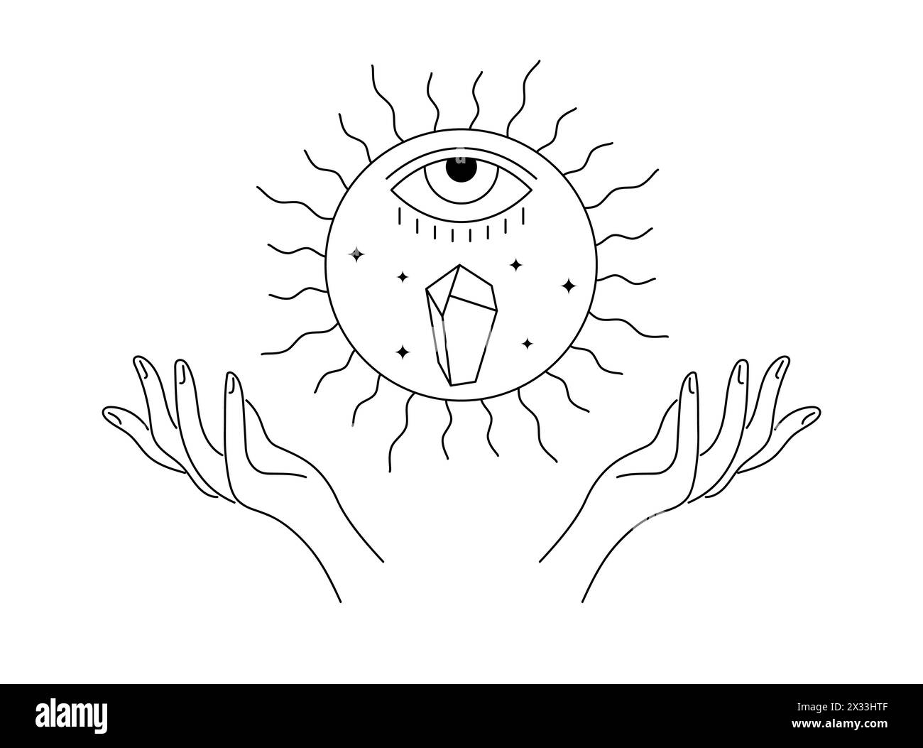 Spiritualité cristal céleste et oeil en été solstice soleil lévitent sur les mains de la femme. Symbole linéaire de vacances équinoxe mystique. Tatouage ésotérique ou esquisse de contour de logo. Signe vectoriel d'été de style boho Illustration de Vecteur