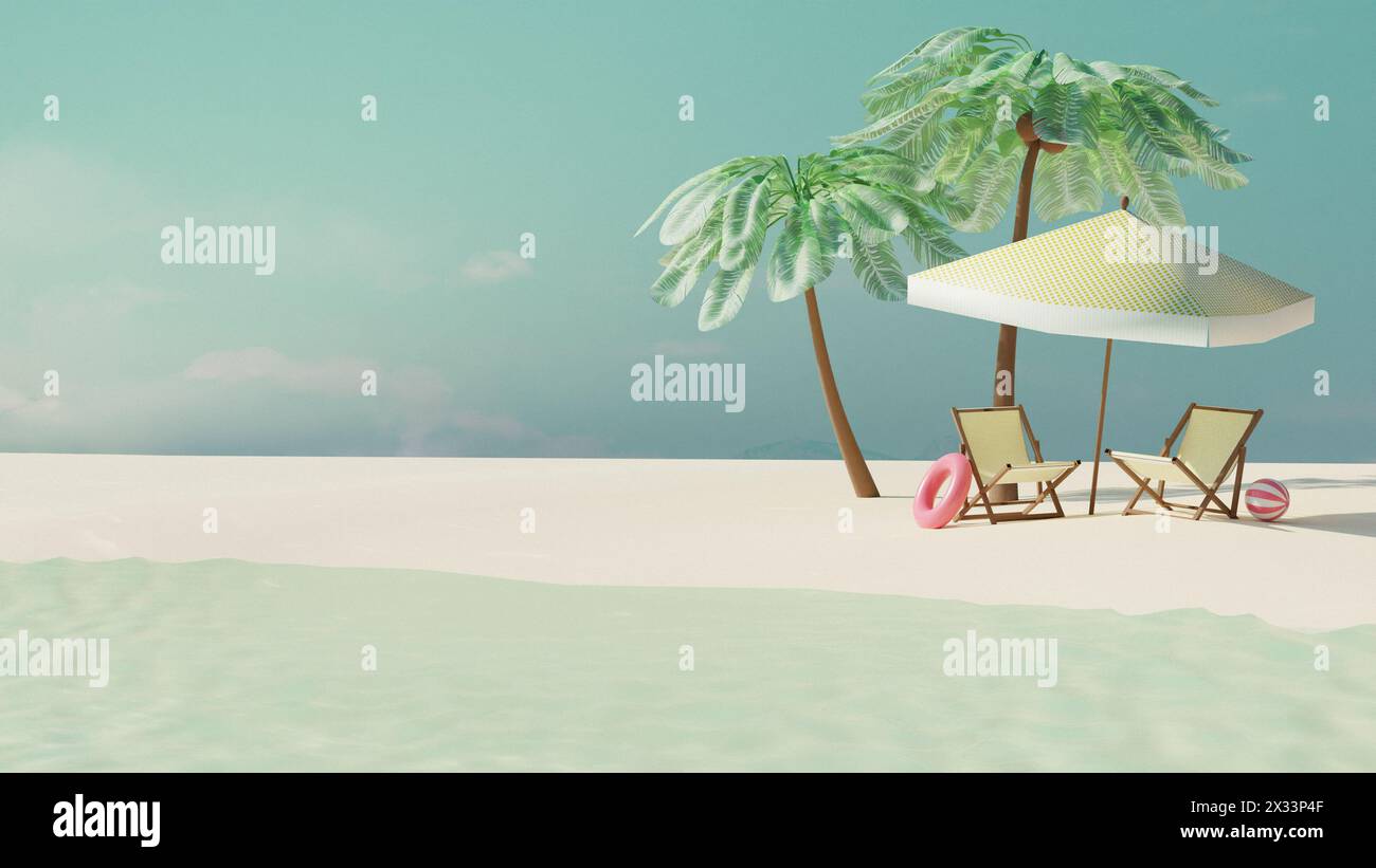 Plage tropicale d'été vide avec cocotiers, chaises de plage, parasol et accessoires de soleil. Concept de voyage d'été. rendu 3d. Vue de face Banque D'Images