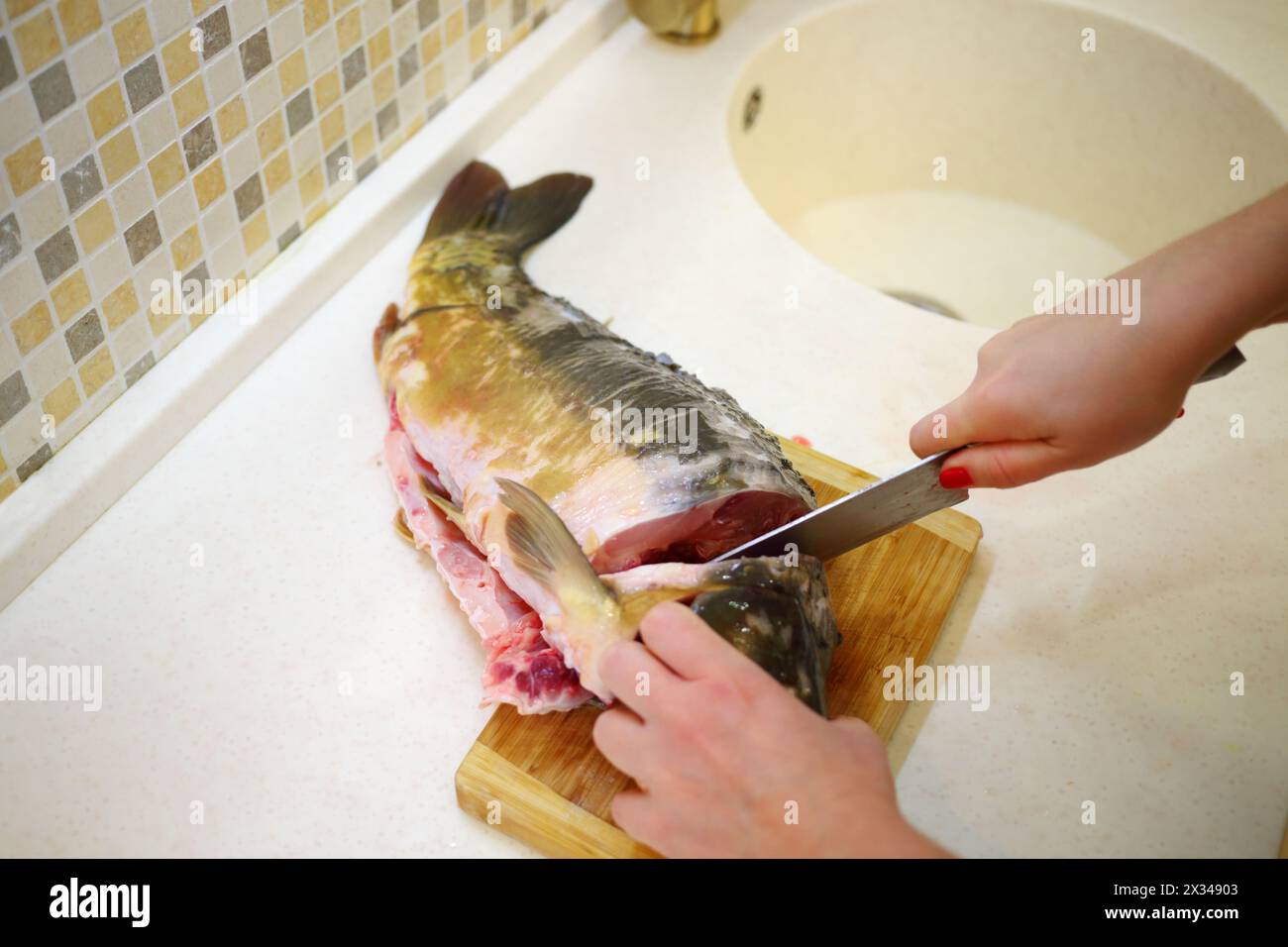 Femme coupe gros poisson cru avec couteau à bord dans la cuisine, gros plan Banque D'Images