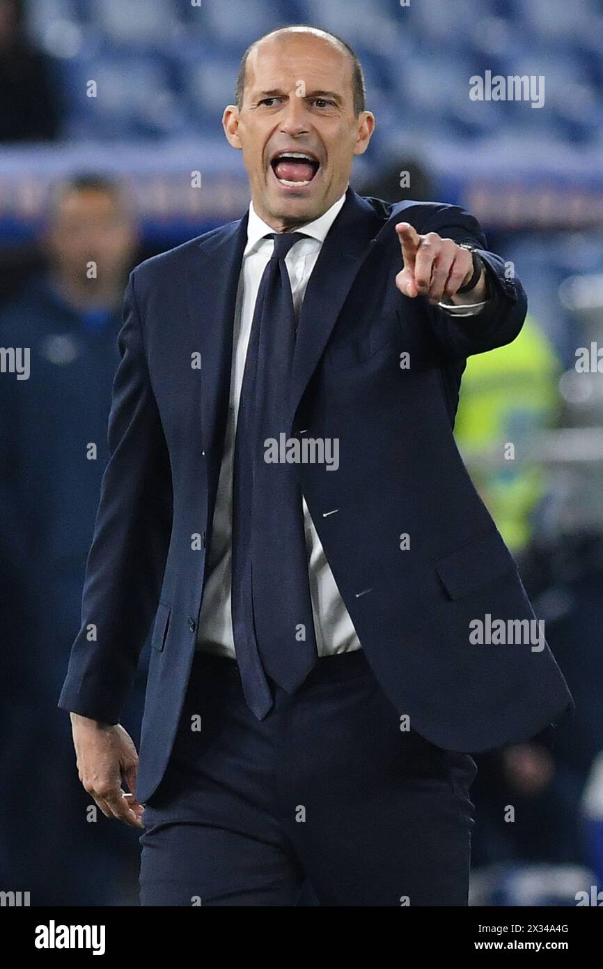 L'entraîneur de la Juventus, Massimiliano Allegri, lors du match de deuxième manche de la demi-finale de la Coupe d'Italie entre Lazio et Juvenuts au stade olympique. Score final ; Juvenuts 2 : 1 Lazio. Banque D'Images