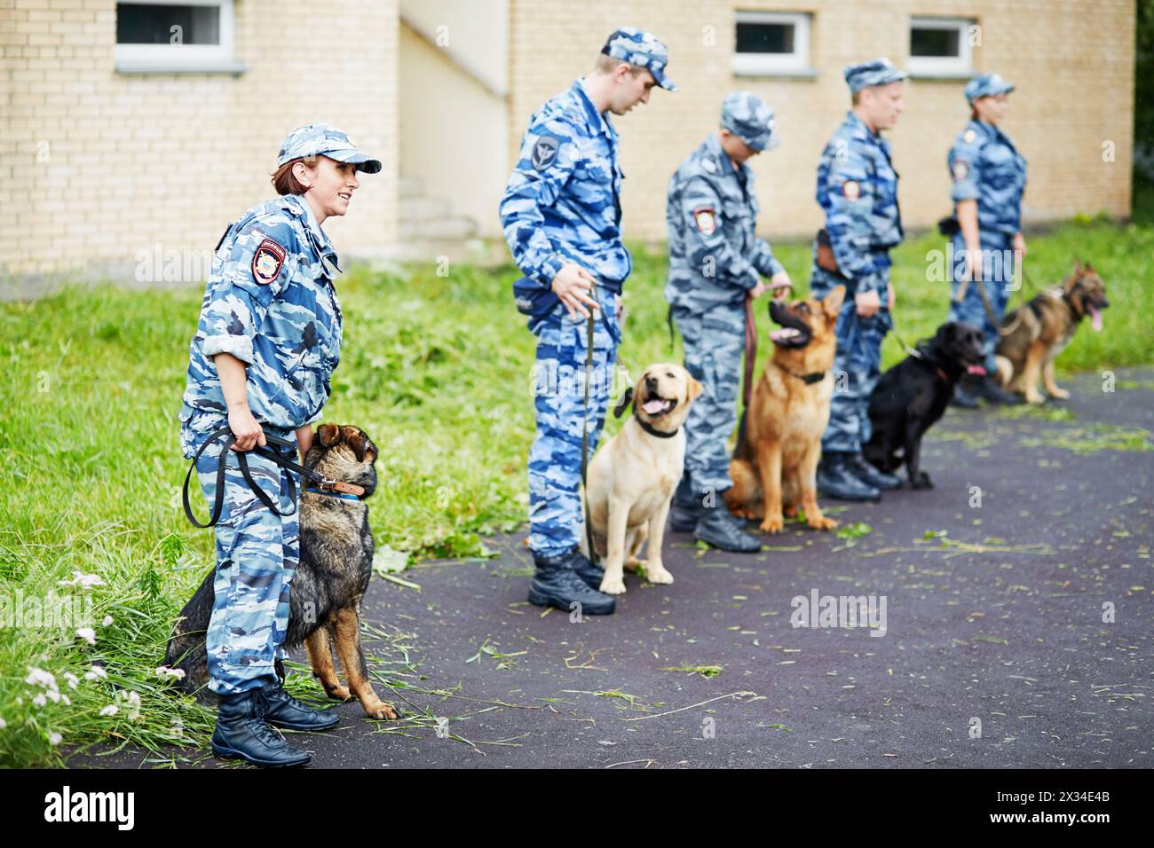 MOSCOU, RUSSIE - 26 juin 2015 : Groupe de policiers avec des chiens dans la cour du département de police. Banque D'Images