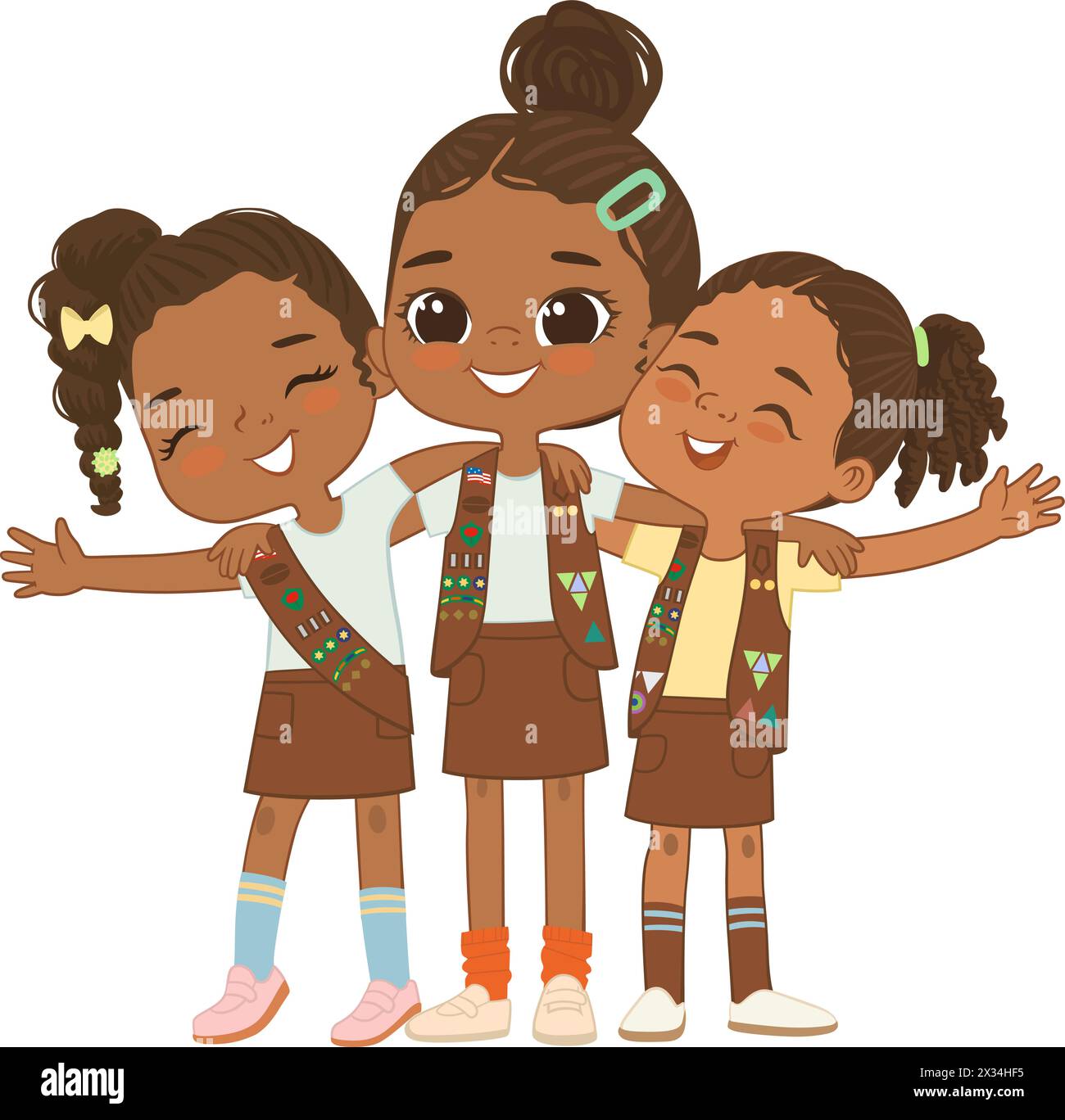 Heureux Afro-américain multi-âge Brownies girls Scout Hug. Les scoutes filles s'embrassent et sourient joyeusement. Fille ensemble. Brownies Girls Scout Illustration de Vecteur
