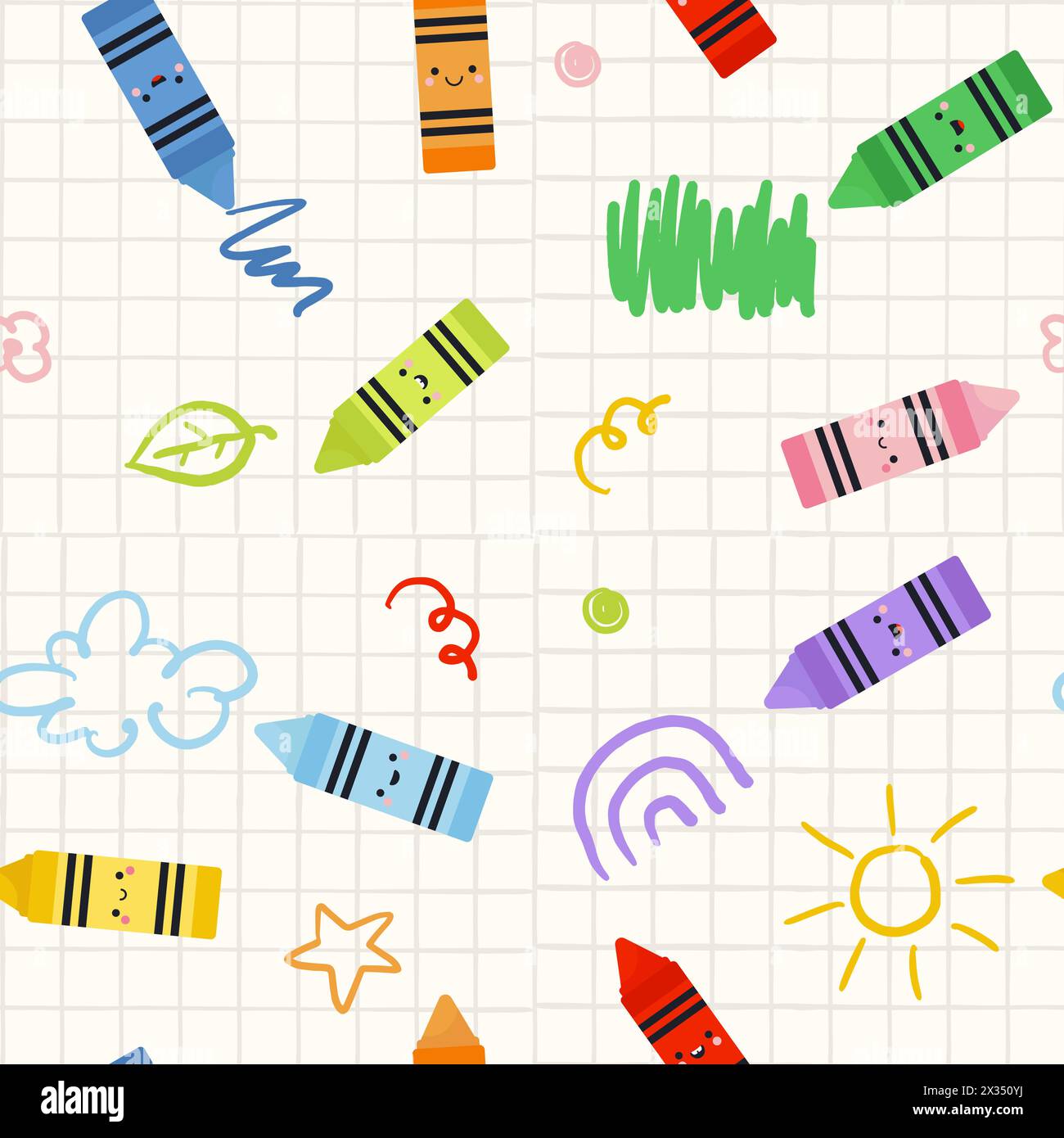 Motif sans couture enfantin mignon avec des crayons colorés kawaii et une illustration de doodle. Illustration vectorielle simple Illustration de Vecteur