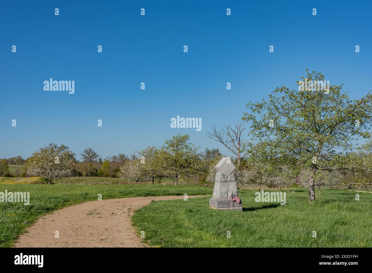 Apple Blossoms près du monument aux blessures de Sickles, Gettysburg Pennsylvanie, États-Unis Banque D'Images