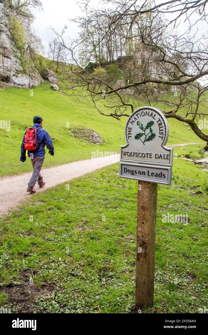 Homme marchant à dos le long d'un sentier à Wolfscote Dale dans le Peak District anglais Banque D'Images