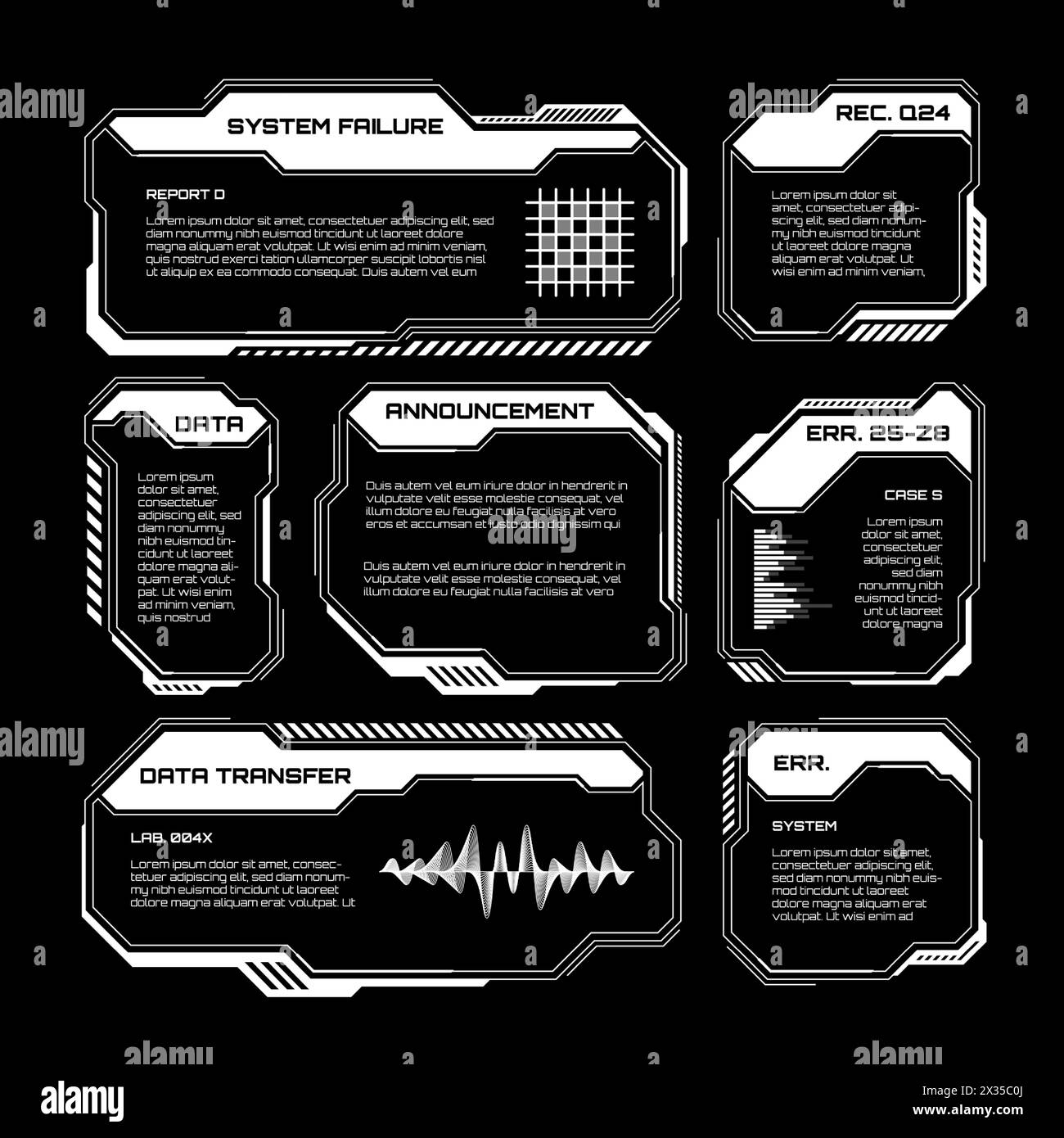 HUD futuriste blanc, éléments UI. Zones de texte et légendes de l'interface utilisateur SCI-fi. Cadres de message d'avertissement, modèle de boîtes d'information. Jeu moderne Illustration de Vecteur