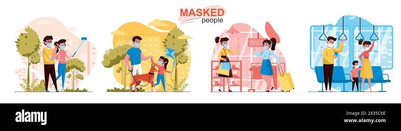 Ensemble de scènes de concept de personnes masquées. Hommes et femmes dans les masques protecteurs shopping, chien de marche à l'extérieur, promenade dans le transport. Collection d'activités humaines. Illustration de Vecteur