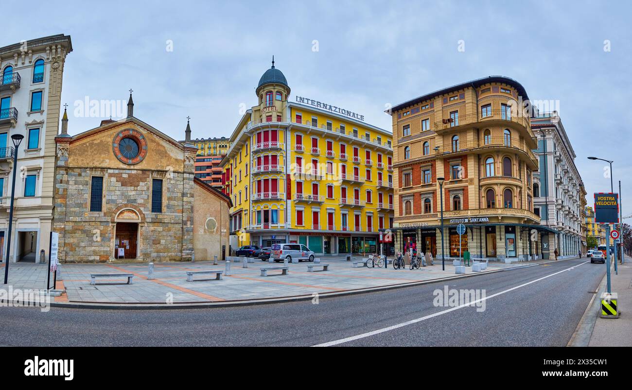 LUGANO, SUISSE - 18 MARS 2022 : Panorama du quartier central avec l'église médiévale Santa Maria degli Angioli, le 18 mars à Lugano, Switz Banque D'Images