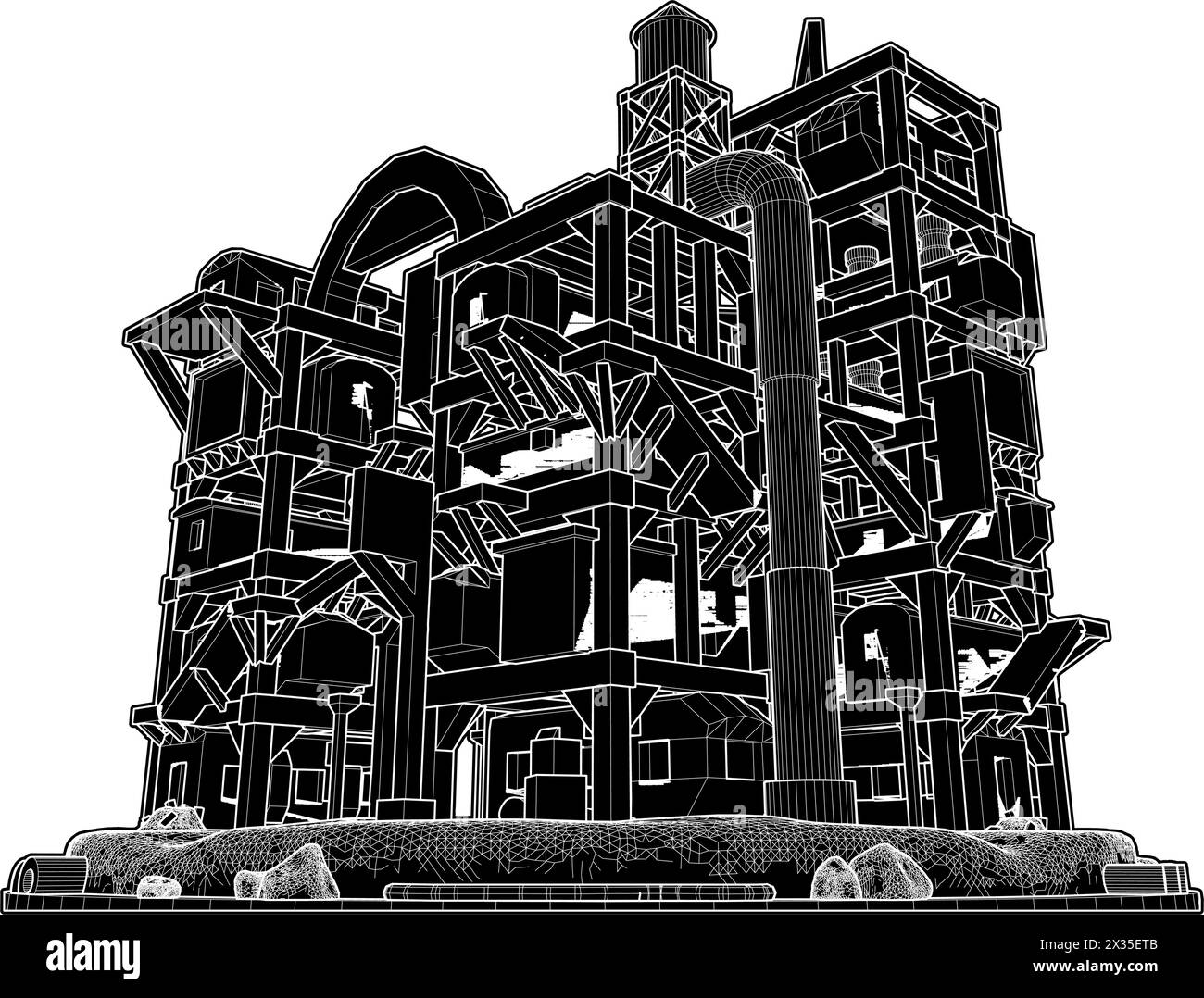 Vecteur de bâtiment futuriste apocalyptique abstrait. Illustration de structure de construction isolée sur fond blanc. Illustration de Vecteur
