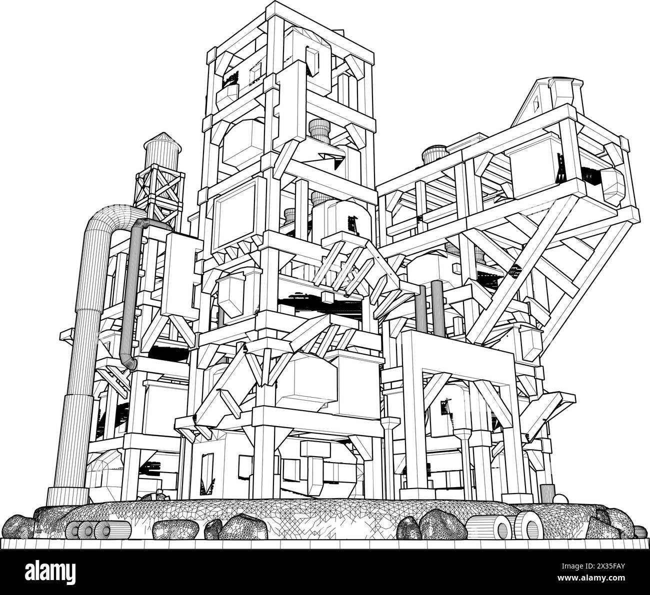 Vecteur de bâtiment futuriste apocalyptique abstrait. Illustration de structure de construction isolée sur fond blanc. Illustration de Vecteur