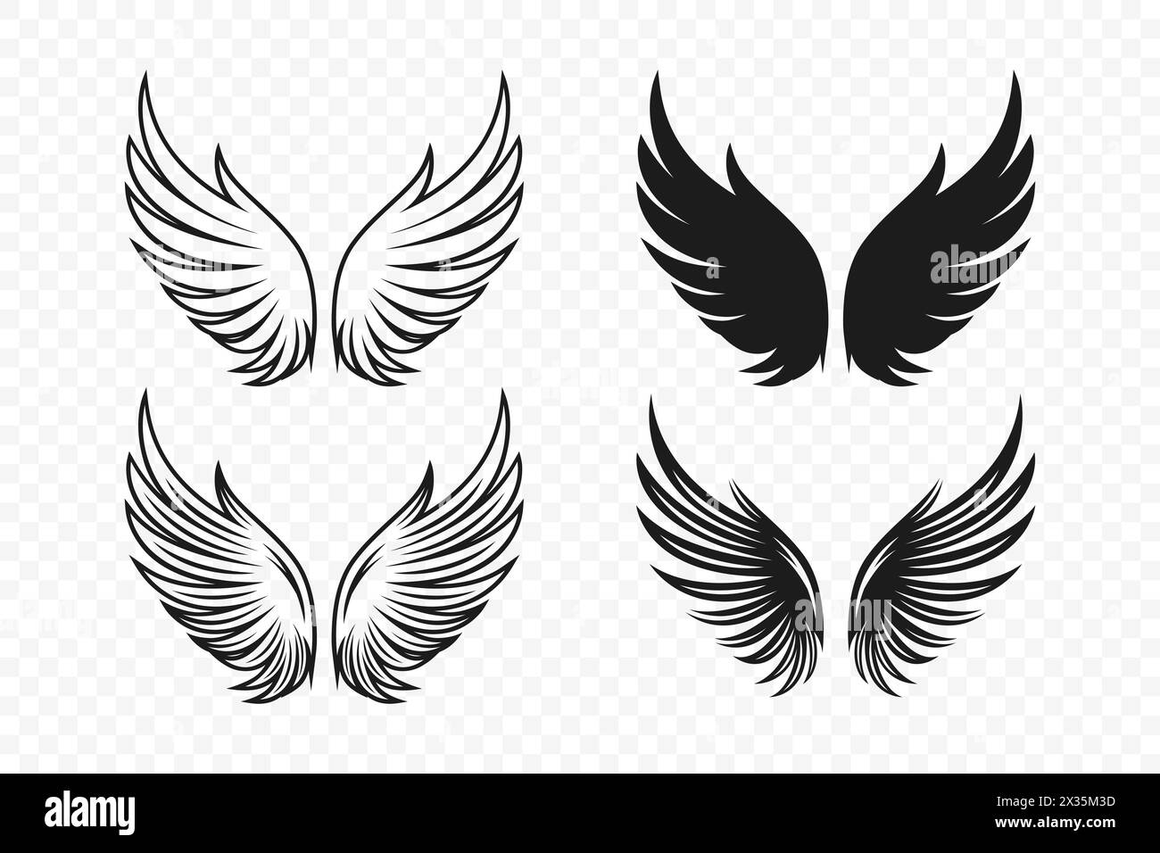 Ailes vectorielles. Noir Monochrome Angel Wings Silhouette. Modèle de conception, clipart. Cupidon, Bird Wings. Illustration vectorielle Illustration de Vecteur