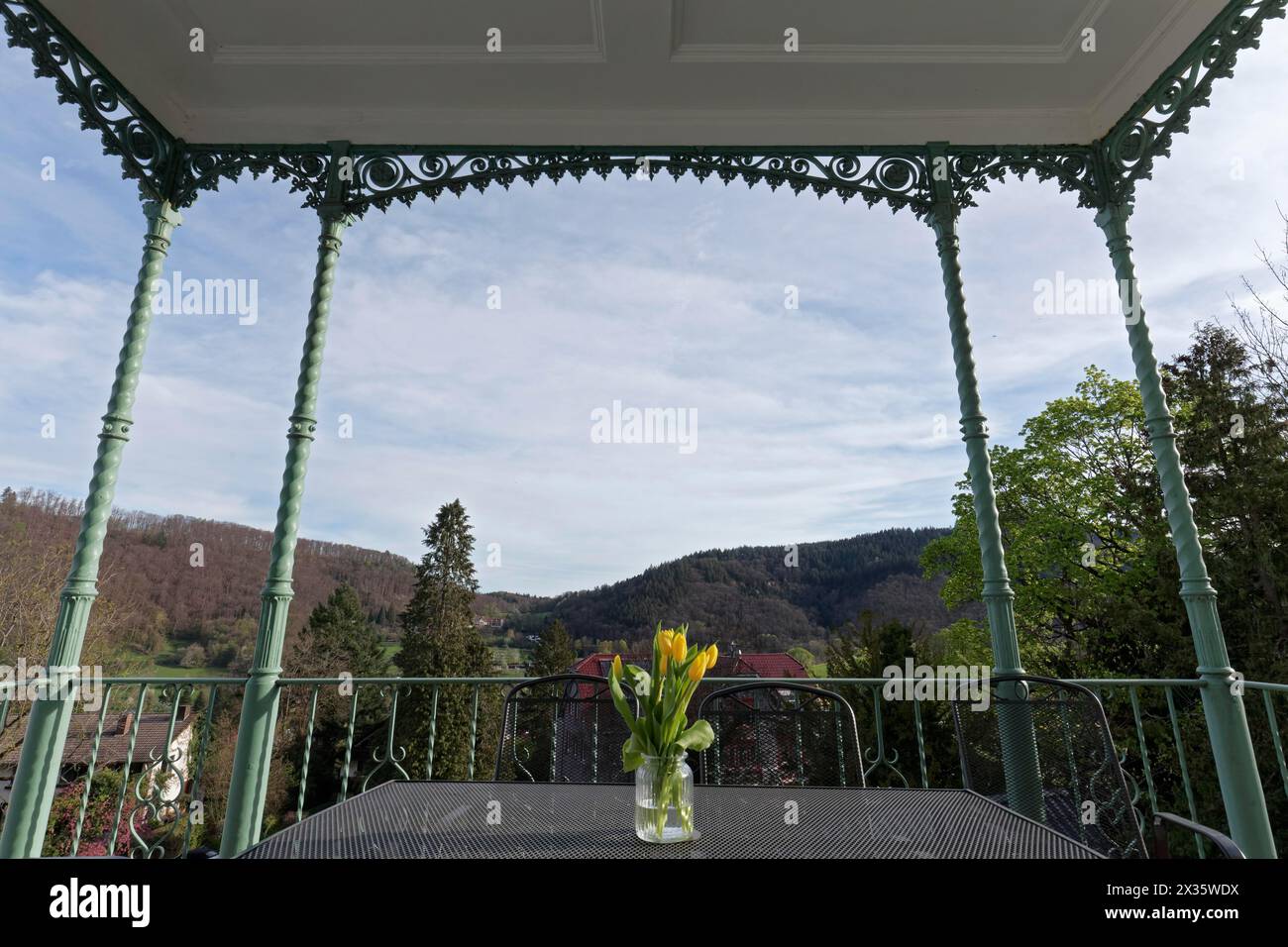 Verre avec bouquet de tulipes sur un balcon historique en fonte, vue sur la Forêt Noire, appartement de vacances Villa Joséphine, ville thermale Badenweiler Banque D'Images