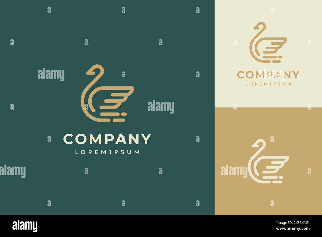 Logo de cygne au trait avec lettrage de l'entreprise écrit en dessous. Les oies sont affichées dans une variété de couleurs et de tailles Illustration de Vecteur