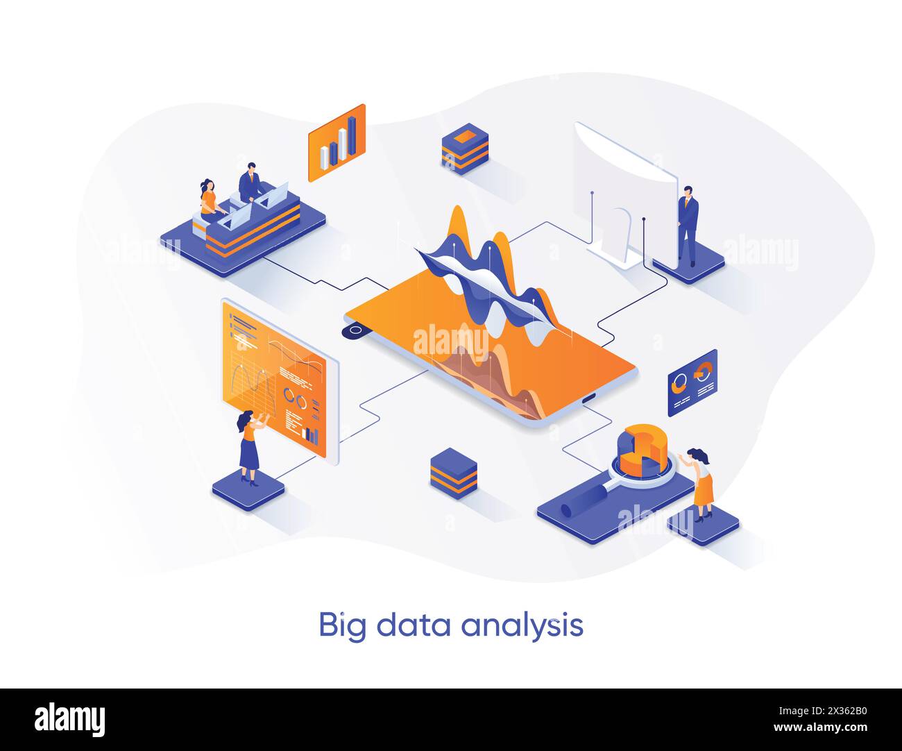 Bannière Web isométrique sur l'analyse des Big Data. Concept d'analyse et d'analyse décisionnelle. Analyse de données en ligne 3D scène, recherche d'information desi Illustration de Vecteur