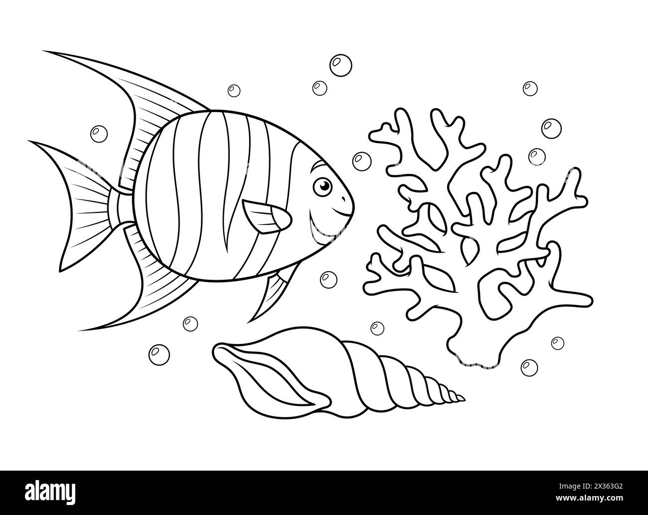 Spadefish avec un corail et un coquillage. Coloriage vectoriel. Illustration de Vecteur