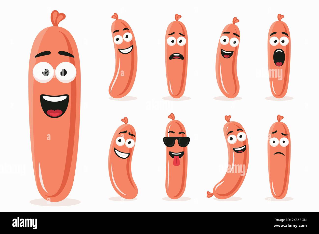 Personnages mignons et drôles de saucisse de dessin animé dans différentes poses et émotions. Jeu de caractères de saucisse Flat Cartoon. Illustration vectorielle Illustration de Vecteur