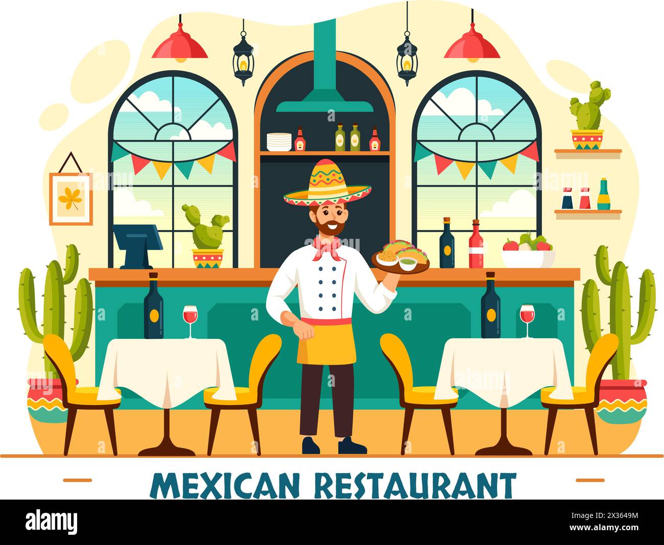 Restaurant mexicain illustration vectorielle avec divers de délicieux tacos de cuisine traditionnelle, nachos et autres sur fond de dessin animé plat Illustration de Vecteur