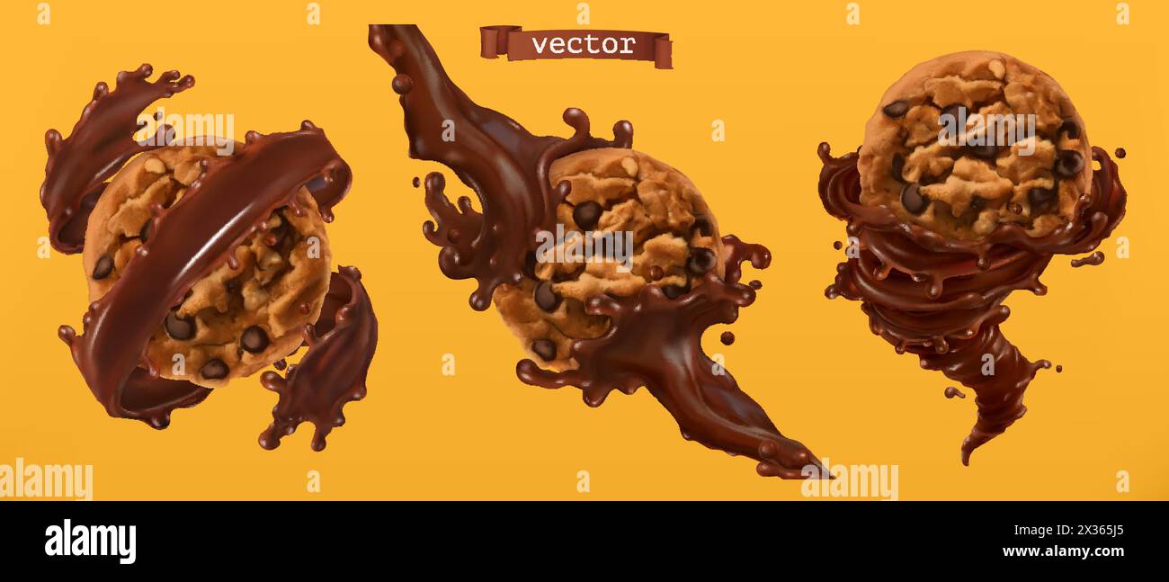 Biscuits et éclaboussures de chocolat. vecteur réaliste 3d. Illustration de Vecteur