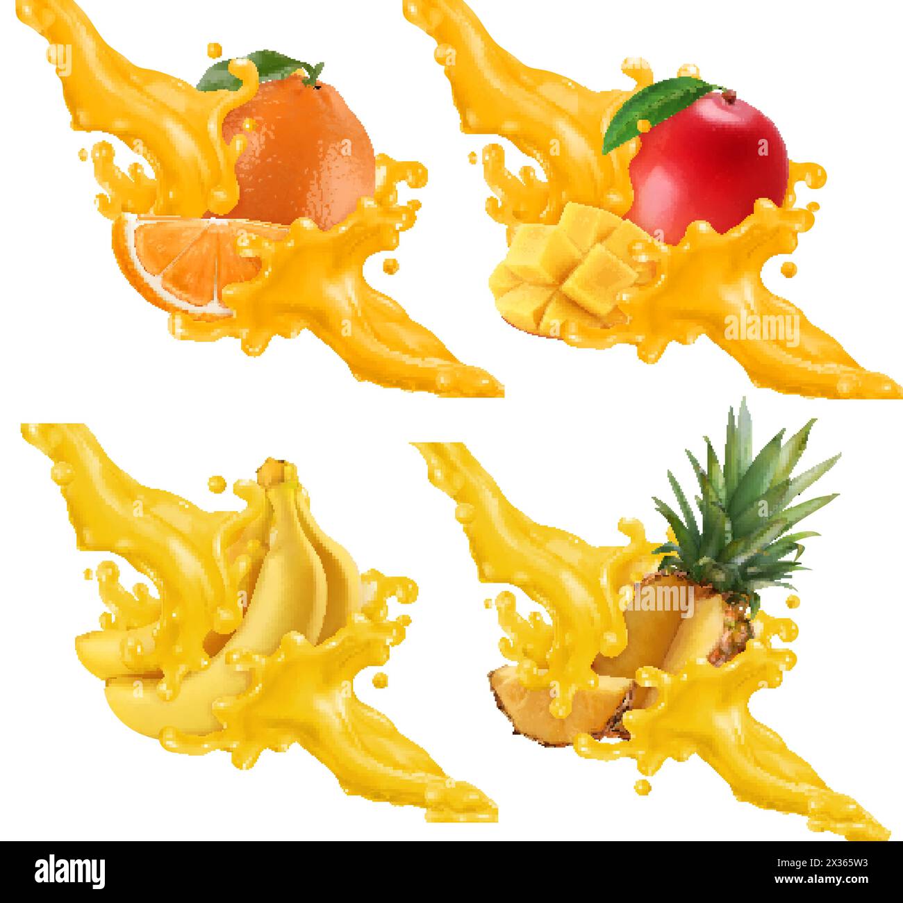 Fruits et baies en éclaboussure de jus. Banane, orange, mangue, ananas Illustration de Vecteur