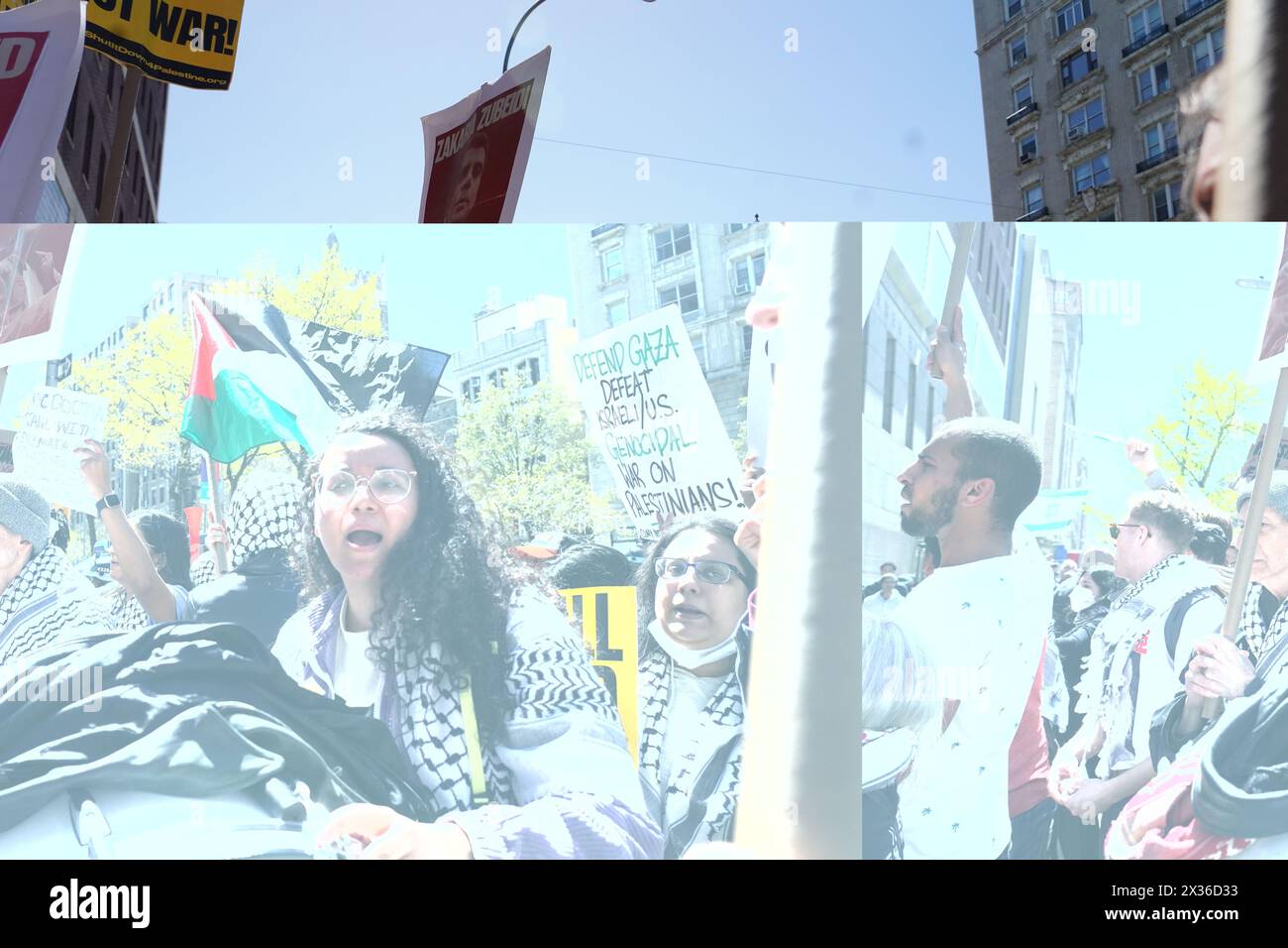 New York, États-Unis. 21 avril 2024. Étudiants, professeurs et autres partisans des Palestiniens et des Israéliens se rassemblent devant l’Université Columbia, surmenés par le NYPD. Les étudiants de Columbia à l'intérieur de la porte verrouillée mènent les manifestants palistiniens dans des chants. (Crédit image : © Catherine Nance/SOPA images via ZUMA Press Wire) USAGE ÉDITORIAL SEULEMENT! Non destiné à UN USAGE commercial ! Banque D'Images