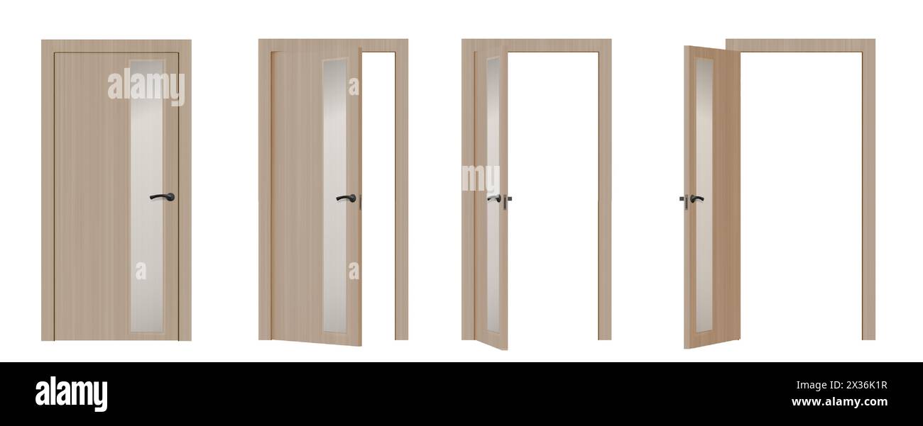 Marches d'ouverture de la porte d'entrée principale. Ensemble réaliste d'illustration vectorielle 3d de porte en bois fermée, entrouverte et ouverte avec poignée en métal. Séquence de cadre de porte intérieure en bois brun et en verre ou en bois brun. Illustration de Vecteur