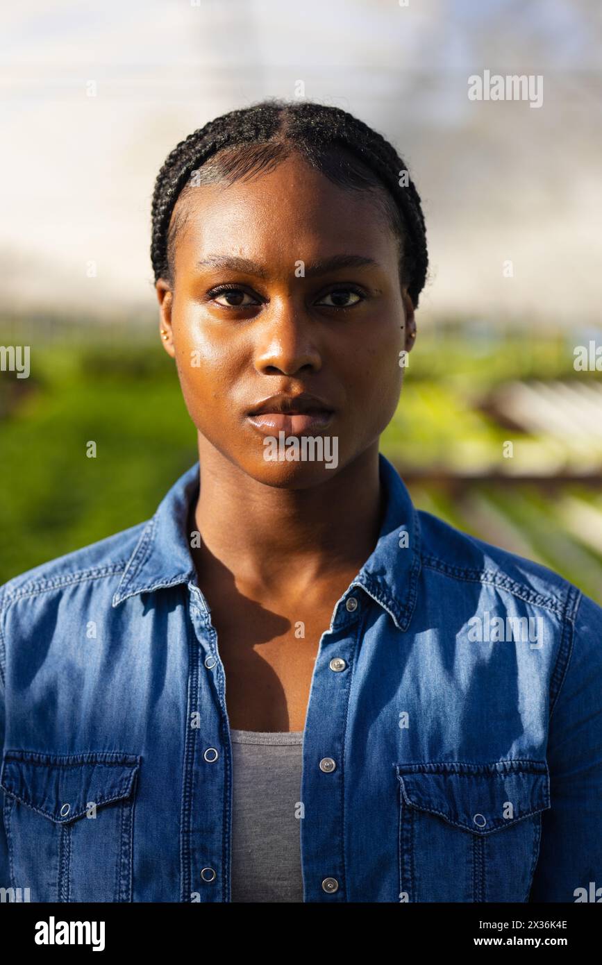 Agricultrice afro-américaine dans une serre hydroponique Banque D'Images