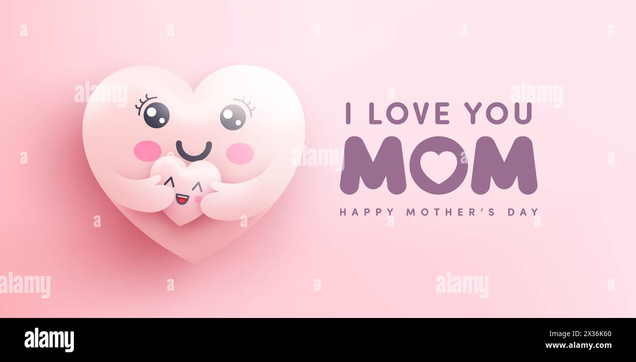 Bannière de fête des mères avec Moter Heart emoji embrassant le cœur de bébé sur fond rose.promotion et modèle de shopping ou fond pour l'amour et la mère d Illustration de Vecteur