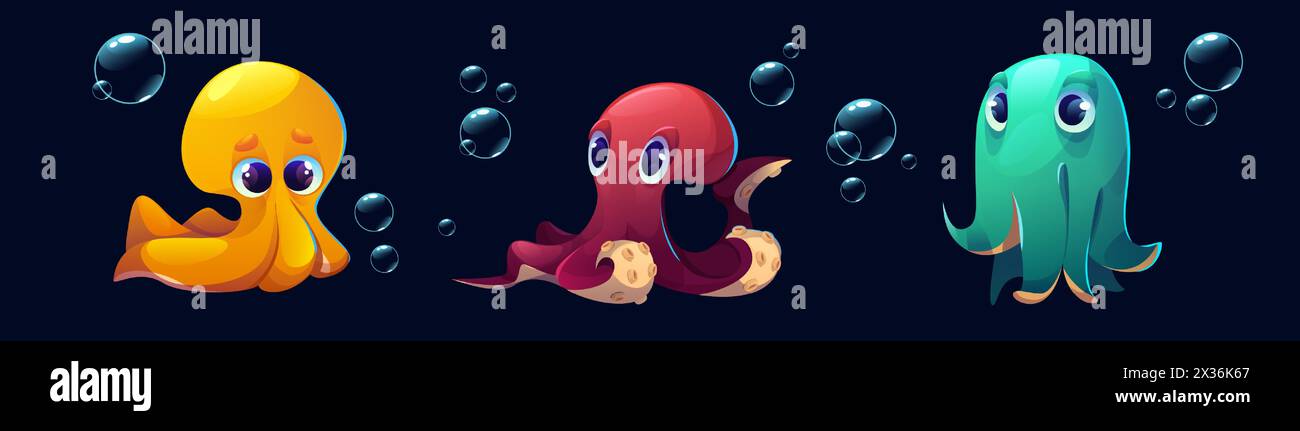 Personnage mignon de poulpe. Dessin animé Sea Baby Squid. Animal drôle avec clipart de dessin de tentacule. Monstre kraken sous-marin en rouge et orange. Collection D'actifs de jeu de créatures océaniques amies des invertébrés Illustration de Vecteur