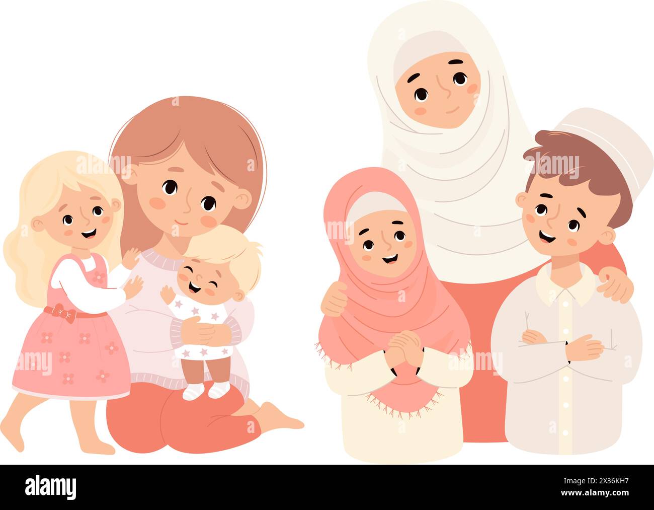 Heureuse famille. Mignonne femme islamique en hijab et mère à la peau claire avec fils et fille souriants. Style de dessin animé plat d'illustration vectorielle. Cha Illustration de Vecteur