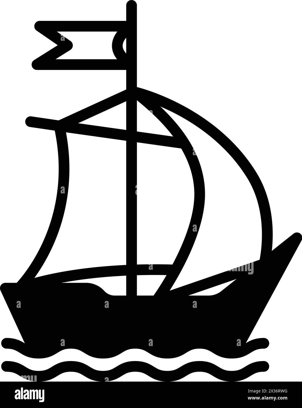 Dessin noir et blanc d'un voilier. Le bateau est petit et a un drapeau sur le dessus. Le bateau est positionné au centre de l'image Illustration de Vecteur